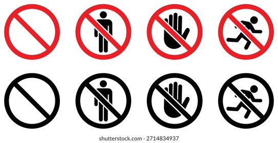 Prohibition and warning icons set showing no entry, forbidden person, stop hand and restricted movement symbols in red and black for safety signage.