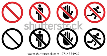 Prohibition and warning icons set showing no entry, forbidden person, stop hand and restricted movement symbols in red and black for safety signage.