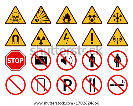 Prohibition and warning signs. Public safety, caution. Attention, forbidden smoke, fire and electricity, food, phone and parking vector set of pictograms