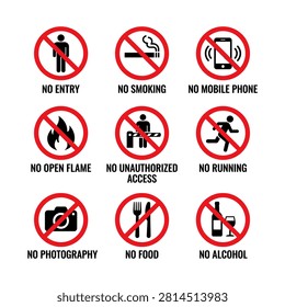 Prohibitory action signage and safety restriction icons with prohibition restricted photography