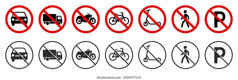 Señales de tráfico prohibidas con iconos de transporte. Símbolos de tráfico prohibidos. Ilustración vectorial