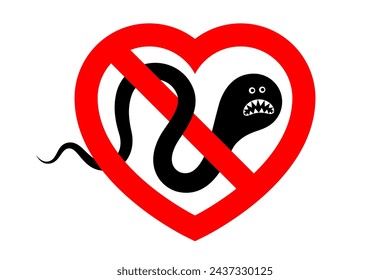 Prohibitory sign shaped like heart symbol and angry worm inside. Concept of worm infection, heartworm, roundworm parasitizing in heart, helminthiasis and anthelmintic treatment