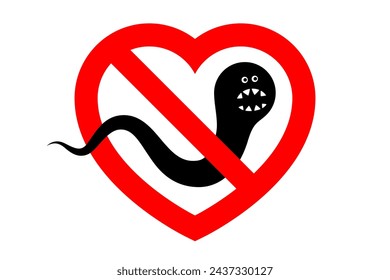 Prohibitory sign shaped like heart symbol and angry worm inside. Concept of worm infection, heartworm, roundworm parasitizing in heart, helminthiasis and anthelmintic treatment