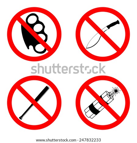 Prohibitory signs of brass knuckle, machete, bits and dynamite