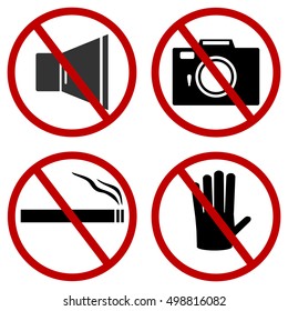 Prohibitory signs, do not honk, no pictures, not smoking, stop, entry is prohibited. Flat design, vector.