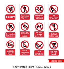 Prohibitory signs icon set of color types. Isolated vector sign symbols. Icon pack.