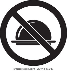Prohibitory symbol featuring restaurant cloche plate crossed out. Professional vector icon for clean rooms, laboratory rules, no dining zones, fasting periods, and restricted food access.