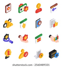 Project administrative activities enclosed in this project management flat icons pack. Icon designs in the set have editable quality. Happy Designing!