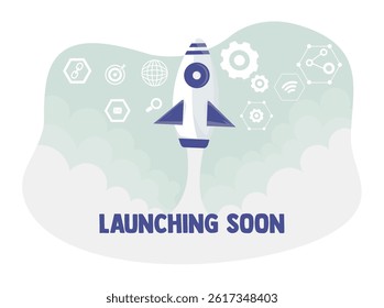 Project advertising banner with rocket launch. Announcement of starting a new business. Flat vector illustration.