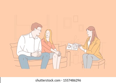 Project, advertising, real estate agency, house buying concept. Young, happy woman, man family choose apartment together. Businesswoman manager holds presentation. successful deal. Flat simple vector.