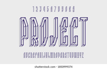 Project alphabet with numbers of wireframe 3d symbols. Volumetric display font. Vector isolated english alphabet.