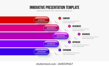 Project Analysis 5 Step Diagram Frame Layout. Marketing Portfolio Five Option Infographic Slideshow Template. Enterprise Innovation Slide Design Vector Illustration.