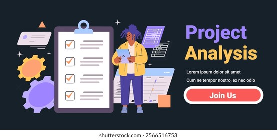 Project analysis concept with a person holding a tablet surrounded by checklist clipboard gears and documents on a dark background suitable for web or app design