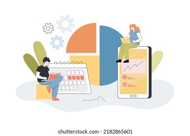 Project analysis and statistics research of tiny employees. Man and woman working with pie chart flat vector illustration. Analytics, business concept for banner, website design or landing web page