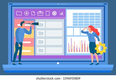 Project analysis vector, laptop screen with data and information. Businessman and woman exploring results, lady with cogwheel. Computer monitor flat style