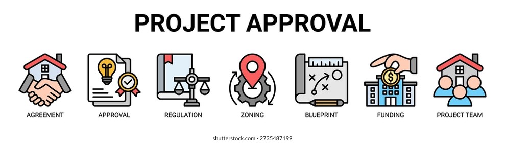 Project Approval web banner icon vector illustration concept with icon of agreement, approval, regulation, zoning, blueprint planning, funding, and project team.