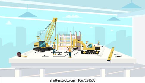 Project in Architect Office of Construction House. Cartoon Characters Working with Crane and Build Real Estate Housing. Builder and Engineer Job.