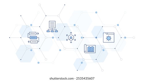 Ilustração do vetor da faixa do projeto com estilo de ícone no meio. ícone Duotônico de Linha. Contendo configurações, arquivo, terceirização, projeto, fluxo de trabalho.