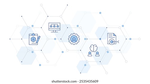 Ilustração do vetor da faixa do projeto com estilo de ícone no meio. ícone Duotônico de Linha. Contendo projeto, alvo, cérebro, recursos humanos, pesquisa.