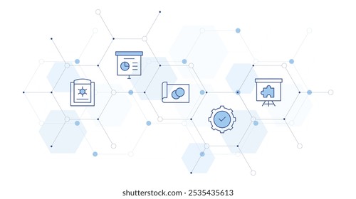 Project Banner Vector Illustration with Icon Style in Between. Line Duotone icon. Containing presentation, report, project, solution, compliance.