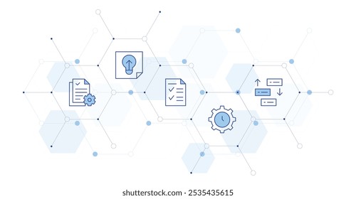 Project Banner Vektorgrafik mit Symbolstil dazwischen. Duotone-Liniensymbol. Enthaltene Prioritäten, Zeitmanagement, Kurzbeschreibung, Idee, Projekt.