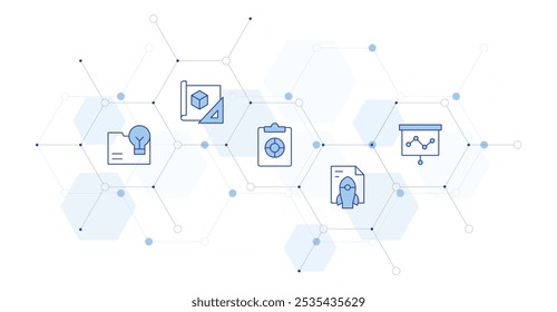 Ilustración vectorial de Anuncio de proyecto con estilo de icono en el medio. Icono de línea Duotone. Contiene implementación, modelado, proyecto, física, destino.