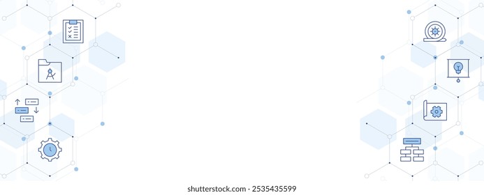 Ilustração vetorial da faixa do projeto com estilo de ícone de dois lados. ícone Duotônico de Linha. Contendo lista de verificação, projeto, priorizar, gerenciamento de tempo, delegado, apresentação, sprint.