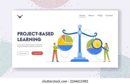 Project Based Learning Landing Page Template. Benchmarking and Market Analytics. Tiny Business Characters with Huge Magnifier Analyzing Circular Charts on Libra. Cartoon People Vector Illustration