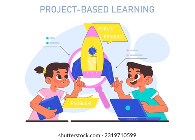 Projektbasiertes Lernen. Moderne Bildungsmethodik. Multidisziplinäres Wissen mit Gruppenaktivitäten. Junge und Mädchen arbeiten zusammen an Schulprojekten. Flache Vektorgrafik