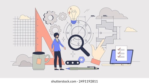 Projektbasiertes Lernen als Unterrichtsmethode für das Konzept der Kleinmensch-Neubrutalität. Studierende studieren komplexe Praxisaufgaben und lernen Fertigkeiten während der Vektorillustration. Aktive Erforschung und Forschung.