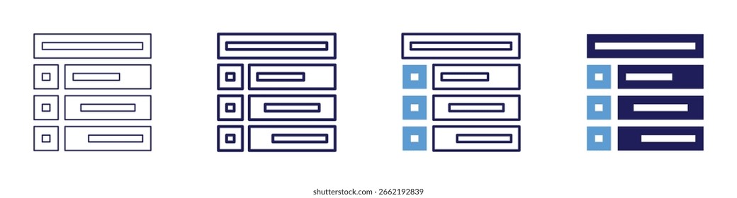 Icono de línea base del proyecto en 4 estilos diferentes. Línea delgada, línea, línea en negrita, duotono. Estilo duotono. Trazo editable.