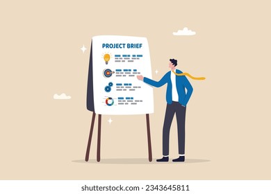 Project briefing, design summary or brief document presentation, business goal strategy or workflow development details, planning concept, businessman present project brief on meeting room whiteboard.