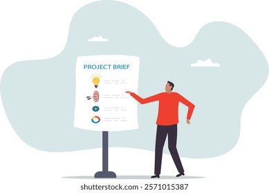 Project briefing, design summary or brief document presentation, business goal strategy or workflow development details,business concept.flat character.