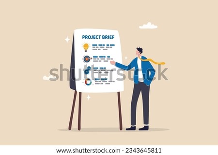 Project briefing, design summary or brief document presentation, business goal strategy or workflow development details, planning concept, businessman present project brief on meeting room whiteboard.