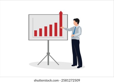 Project briefing, short document presentation, business strategy details, businessman presenting high rising graph data on whiteboard. Successful business vector illustration.
