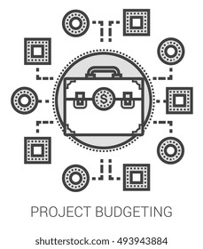 Project budgeting infographic metaphor with line icons. Project budgeting concept for website and infographics. Vector line art icon isolated on white background.