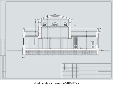 The project of the building of the old hospital, facade, section, blueprint. Vector