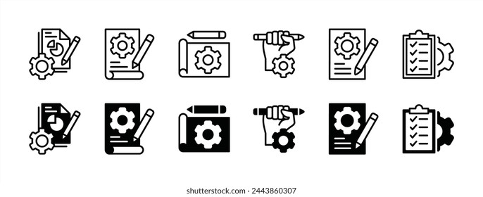 Project business management thin line icon set. Containing planning document, marketing strategy, checklist on the clipboard with pencil, hands holding pencil with gear. vector illustration