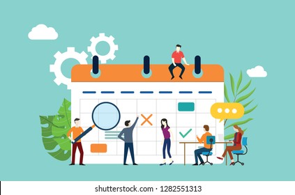 calendario del proyecto con el equipo de oficina trabajando juntos y discutiendo - ilustración vectorial