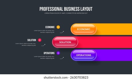 Project Campaign 3 Element Diagram Presentation Design. Marketing Planning Three Option Infographic Frame Layout. Business Performance Slide Template Vector Illustration.