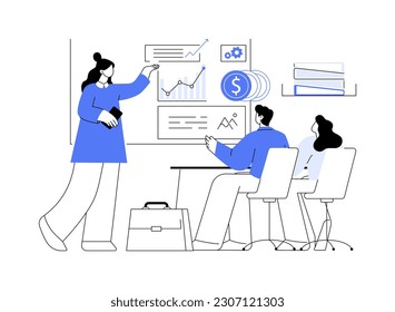 Project closure abstract concept vector illustration. Woman presenting new business project, IT company, management and development, working workflow, product release abstract metaphor.