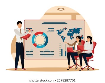 Project Closure.  Colleagues collaborating on a presentation featuring global data and statistical analytics displayed on a board.  Flat vector modern illustration 