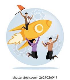 Project closure concept. Happy team cheering for the success of a business launch, symbolized by a rocket surrounded by gears.