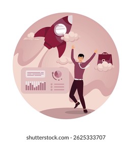 Conceito de encerramento do projeto. Um profissional comemora o sucesso, um lançamento de foguete simboliza o sucesso na fase final de um projeto.