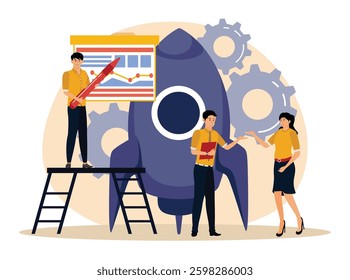 Project Closure. Group of professionals discussing project strategies by a rocket and growth chart, symbolizing progress and innovation in teamwork. Flat vector modern illustration 