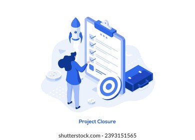 Project closure isometric concept vector illustration. Project closing process, acceptance of deliverables, stakeholder final approval, meet budget and deadline, gather feedback abstract metaphor.