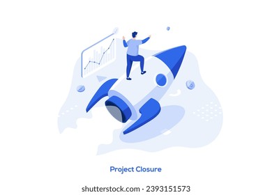 Ilustración vectorial de concepto isométrico de cierre de proyectos. Proceso de cierre del proyecto, aceptación de los productos, aprobación final de los interesados, cumplimiento del presupuesto y plazo, recopilación de comentarios y metáforas abstractas.