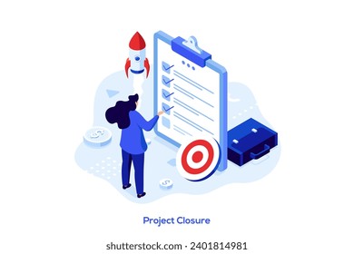 Project closure isometric concept vector illustration. Project closing process, acceptance of deliverables, stakeholder final approval, meet budget and deadline, gather feedback abstract metaphor.