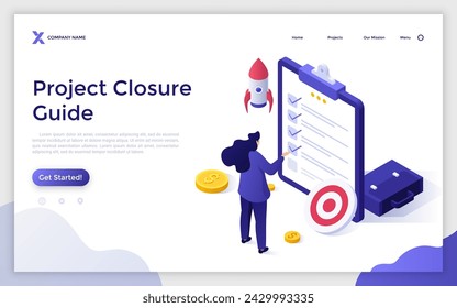 Project closure isometric vector landing page. Project closing process, acceptance of deliverables, stakeholder final approval, meet budget and deadline, gather feedback concept illustration