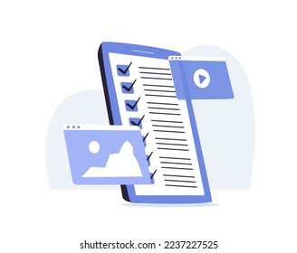 Project Closure. Project managment, life cycle. Modern vector illustration. Task management todo check list with mobile phone. report for exam, fast progress, level up concept, assignment